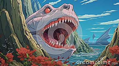 Mysterious T-rex Illustration With Teeth And Flowers Stock Photo