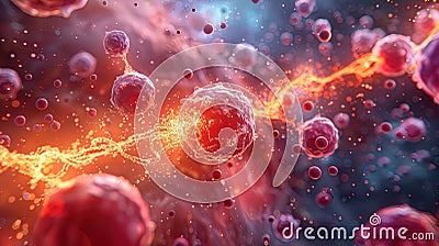 An animated model depicts cholesterol molecules navigating through the bloodstream, providing a v Stock Photo