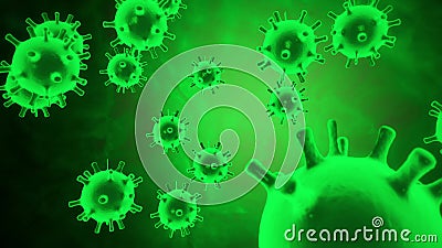 Virtual animated representation of coronavirus 2019-nCoV pathogen cells inside infected organism shown as green Stock Photo