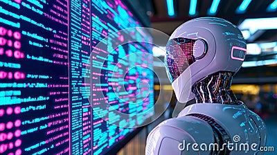 Animated robot analyzing stock data on a digital screen in a high-tech environment. Stock Photo