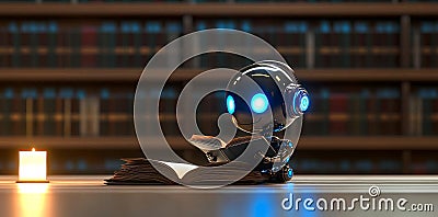 Animated robot reading in the library, cartoon style, stock learning, android kid, generated AI Stock Photo