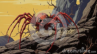 Red Spider On Rock: Surrealistic Illustration In Jamie Hewlett Style Stock Photo