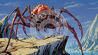 Ultra Detailed Red Spider Art Print On Cliff - Grimcore Style Stock Photo