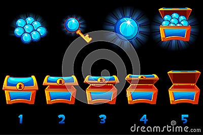 Animated treasure chest with blue precious gem. Step by step, full and empty, open and closed box. Icons on separate Vector Illustration