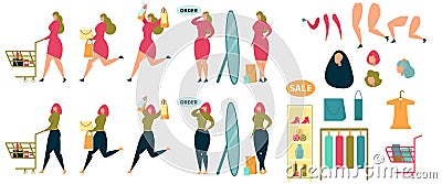 Animated Woman Character Shopping Cartoon Set Vector Illustration