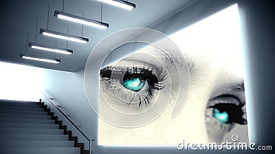 Animatie van een trap met een groot scherm met blauwe ogen van een kaukasische vrouw stock footage Animatie van een trap met een groot scherm met blauwe ogen van een kaukasische vrouw stock footage