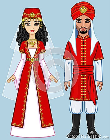 Animation Arab family in ancient clothes. Vector Illustration