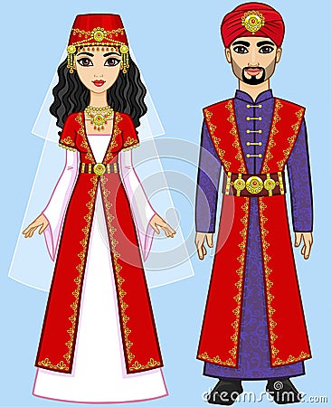 Animation Arab family in ancient clothes. Vector Illustration