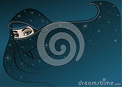 Animation Arab woman in a burqa. Cartoon Illustration