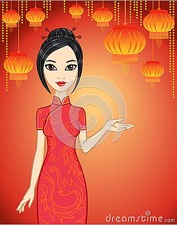 Animation Asian girl in red clothes.Chinese new year. Vector Illustration