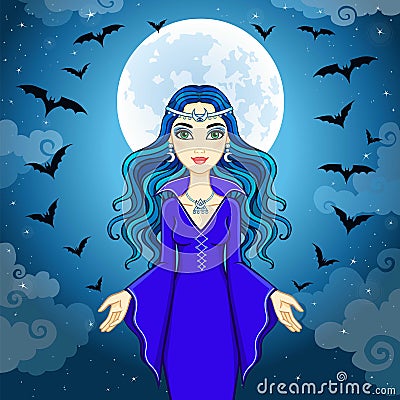 Animation beautiful witch operates pack of bats. Vector Illustration