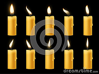 Animation candle flame. Romantic holiday animated candlelight collection, wax bright burning paraffin close up 3d Vector Illustration