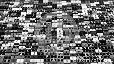 Animation with changing numbers and letters. Animation. Black and white cells with different values of numbers and Stock Photo