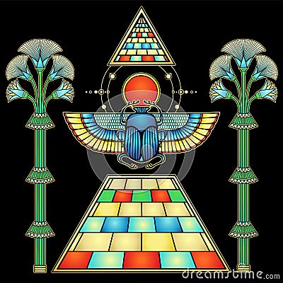 Animation color drawing: Divine scarab beetle sits atop pyramid holds disk of sun. Ornamental trees. Vector Illustration