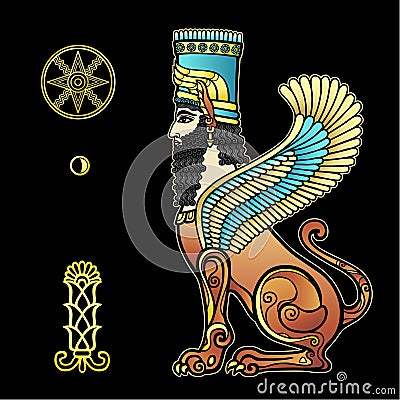 Animation color drawing: sphinx man withAnimation drawing: sphinx man with lion body and wings, a character in Assyrian mythology. Vector Illustration