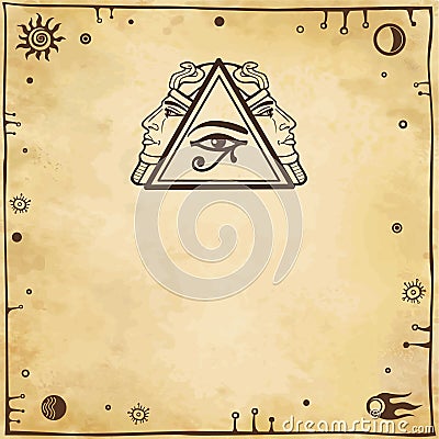 Animation color drawing: symbol of Egyptian pyramid, eye of Horus, profile of the pharaoh. Vector Illustration