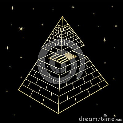 Animation color drawing: symbol of Egyptian pyramid with a separate vertex and a staircase inside. Vector Illustration