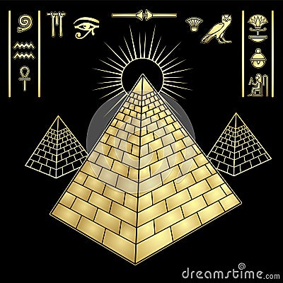 Animation color drawing: symbol of Egyptian pyramid, valley of the kings, shining Sun. Set of hieroglyphs. Vector Illustration