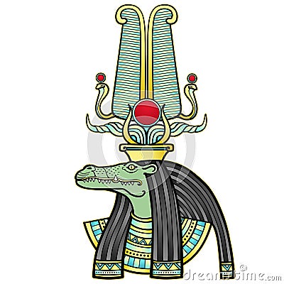 Animation color portrait Ancient Egyptian god Sobek. Vector Illustration