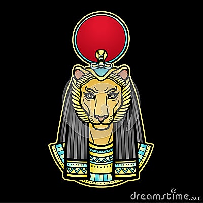 Animation color portrait Ancient Egyptian goddess with head of Lioness, disk of sun Vector Illustration