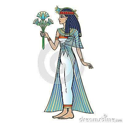 Animation color portrait: beautiful Egyptian woman stands with a bouquet of flowers in hand. Full growth. Vector Illustration