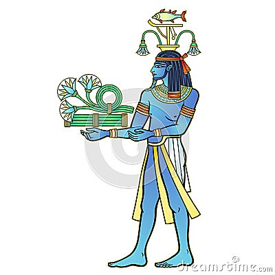 Animation color portrait: Egyptian God Hapi presents river gifts - papyrus flowers. God of fertility, of water, of Nile River. Vector Illustration