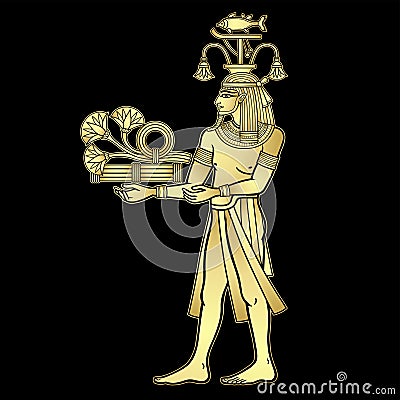 Animation color portrait: Egyptian God Hapi presents river gifts - papyrus flowers. God of fertility, of water, of Nile River. Vector Illustration