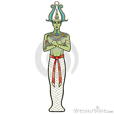 Animation color portrait: Egyptian man in the royal crown with crossed hands holds symbols of power. Pharaoh, Osiris, mummy. Vector Illustration