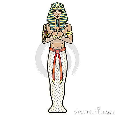 Animation color portrait: Egyptian man in the royal scarf with crossed hands holds symbols of power. Vector Illustration