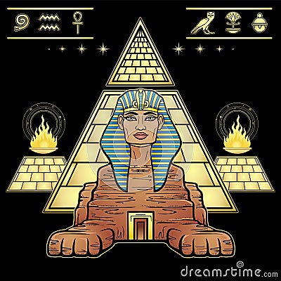 Animation color portrait: Egyptian sphinx body of a lion and the head of a man. Door is inside body. Pyramid Valley, ritual fire. Vector Illustration