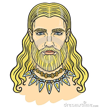 Animation color portrait of the young bearded man with long hair in an ancient necklace. Vector Illustration