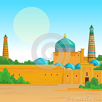 Animation colorful landscape: Ancient palace, towers, minaret. Vector Illustration