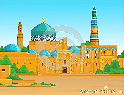 Animation colorful landscape: Ancient palace, towers, minaret. Vector Illustration