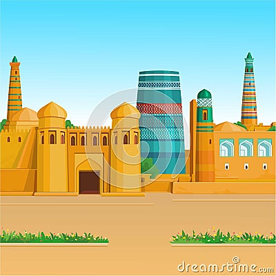 Animation colorful landscape: Ancient palace, towers, minaret. Vector Illustration