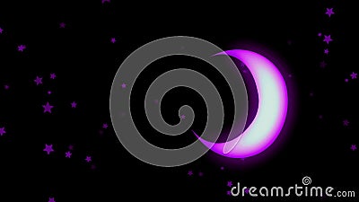 Animation of colorful neon crescent and stars shining softly and rotating on the black background. Animation. Beautiful Stock Photo