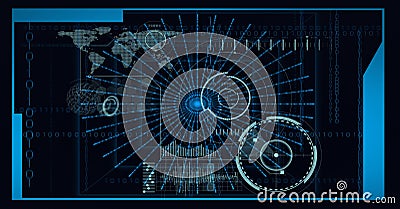 Animation of data processing, scopes scanning and world map on screen background Stock Photo