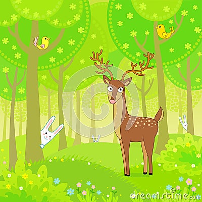 Animation deer in the wood plays at hide-and-seek with rabbits Vector Illustration