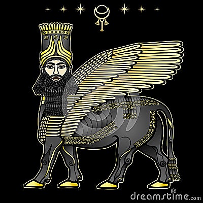 Animation drawing: image of the Assyrian mythical deity Shedu: a winged bull with head of person. Vector Illustration