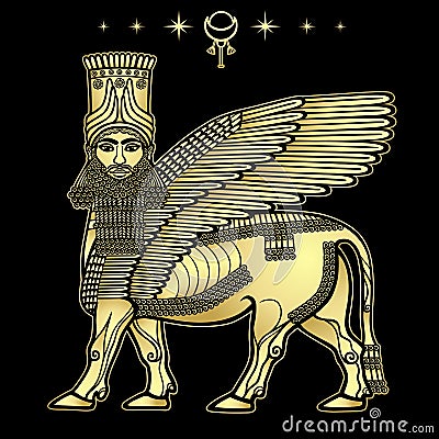 Animation drawing: image of the Assyrian mythical deity Shedu: a winged bull with head of person. Vector Illustration