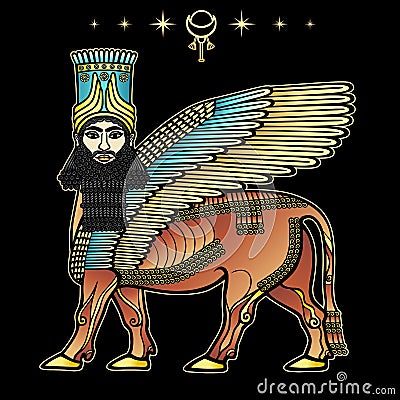 Animation drawing: image of the Assyrian mythical deity Shedu: a winged bull with head of person. Vector Illustration