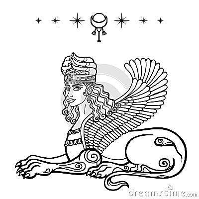 Animation drawing: sphinx woman with lion body and wings a character in Assyrian mythology. Ishtar Astarta Inanna. Vector Illustration