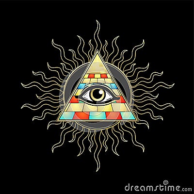 Animation drawing: symbol of Egyptian pyramid, all-seeing eye, sun rays. Egyptian history and mythology. Vector Illustration