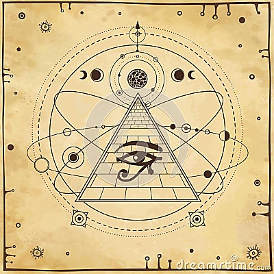 Animation drawing: symbol of Egyptian pyramid, eye of Horus, cosmic symbols, orbits of planets. Vector Illustration