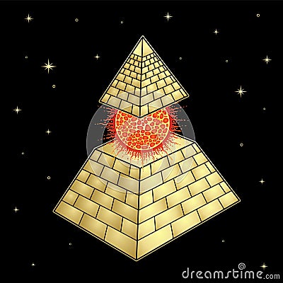 Animation drawing: symbol of Egyptian pyramid with a separate vertex and burning ball inside. Vector Illustration