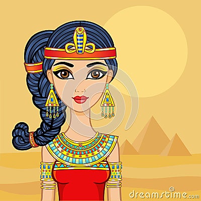 Animation Egyptian princess in ancient clothes and gold jewelry. Hair locon of youth. Vector Illustration