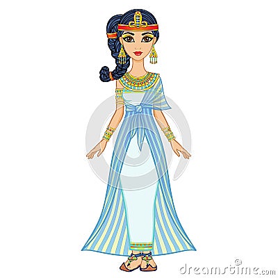 Animation Egyptian princess in ancient clothes and gold jewelry. Hair locon of youth. Vector Illustration