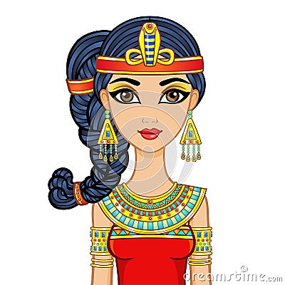 Animation Egyptian princess in ancient clothes and gold jewelry. Hair locon of youth. Vector Illustration