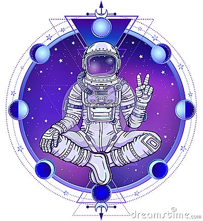 Animation figure of the astronaut sitting in Buddha pose. Meditation in space. Vector Illustration