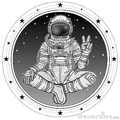 Animation figure of the astronaut sitting in Buddha pose. Meditation in space. Vector Illustration