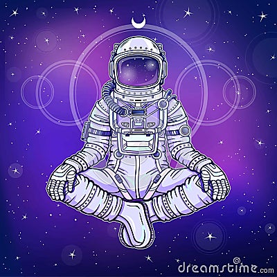 Animation figure of the astronaut sitting in Buddha pose. Meditation in space. Vector Illustration